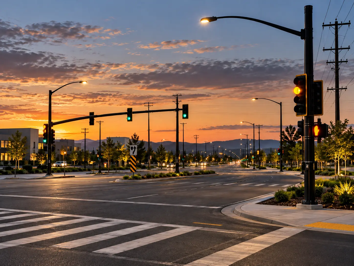 Illustration of street lighting and traffic signals at an intersection at sunset