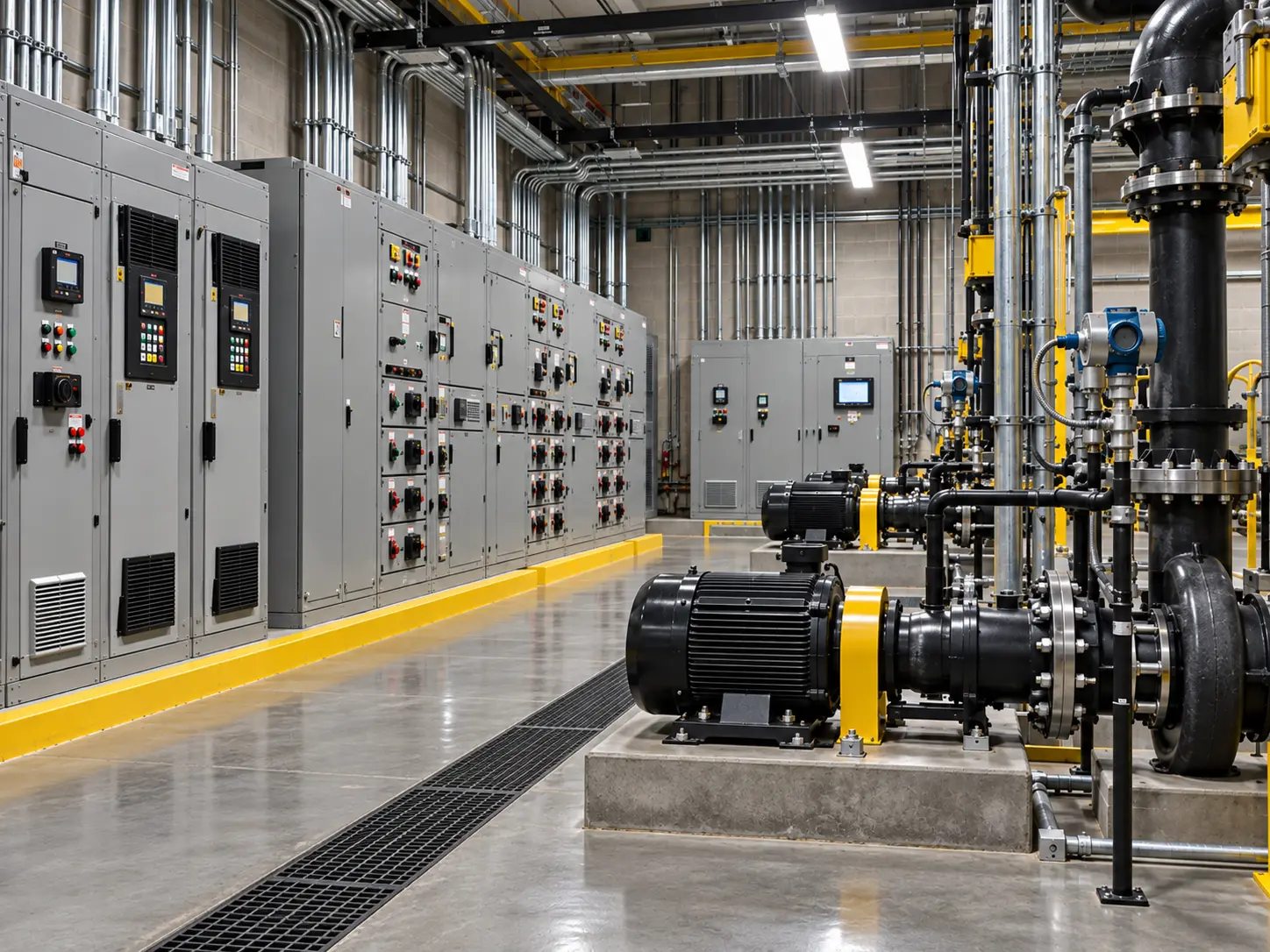 Illustration of pump equipment and electrical control cabinets in an industrial room