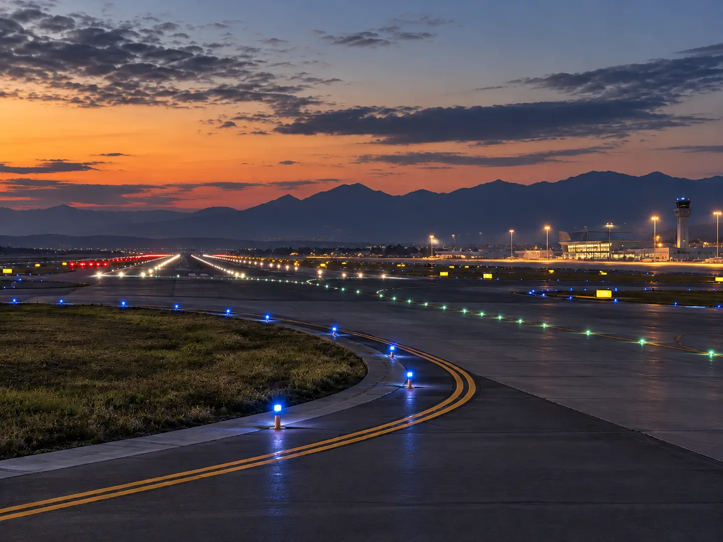 Illustration of illuminated runway and taxiway lighting at dusk
