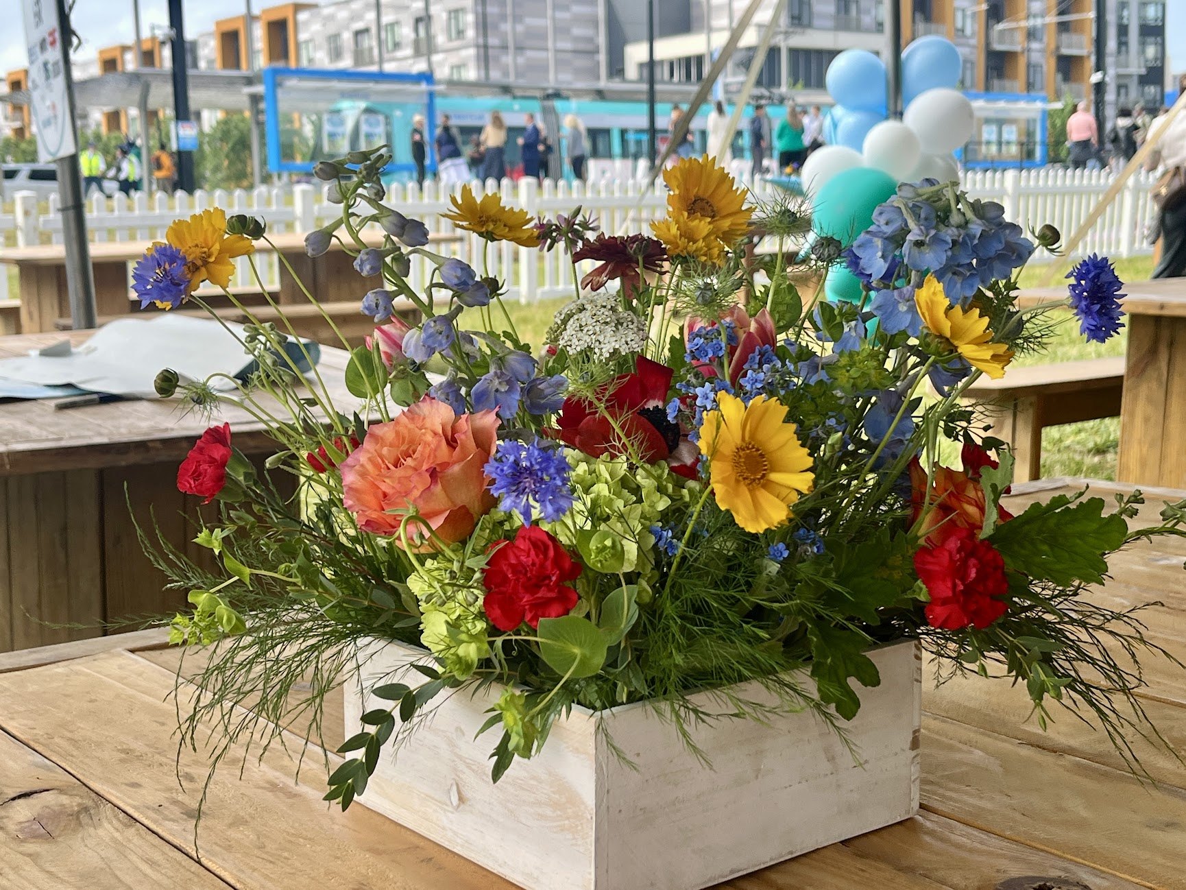 Flowers on tables at the opening celebration