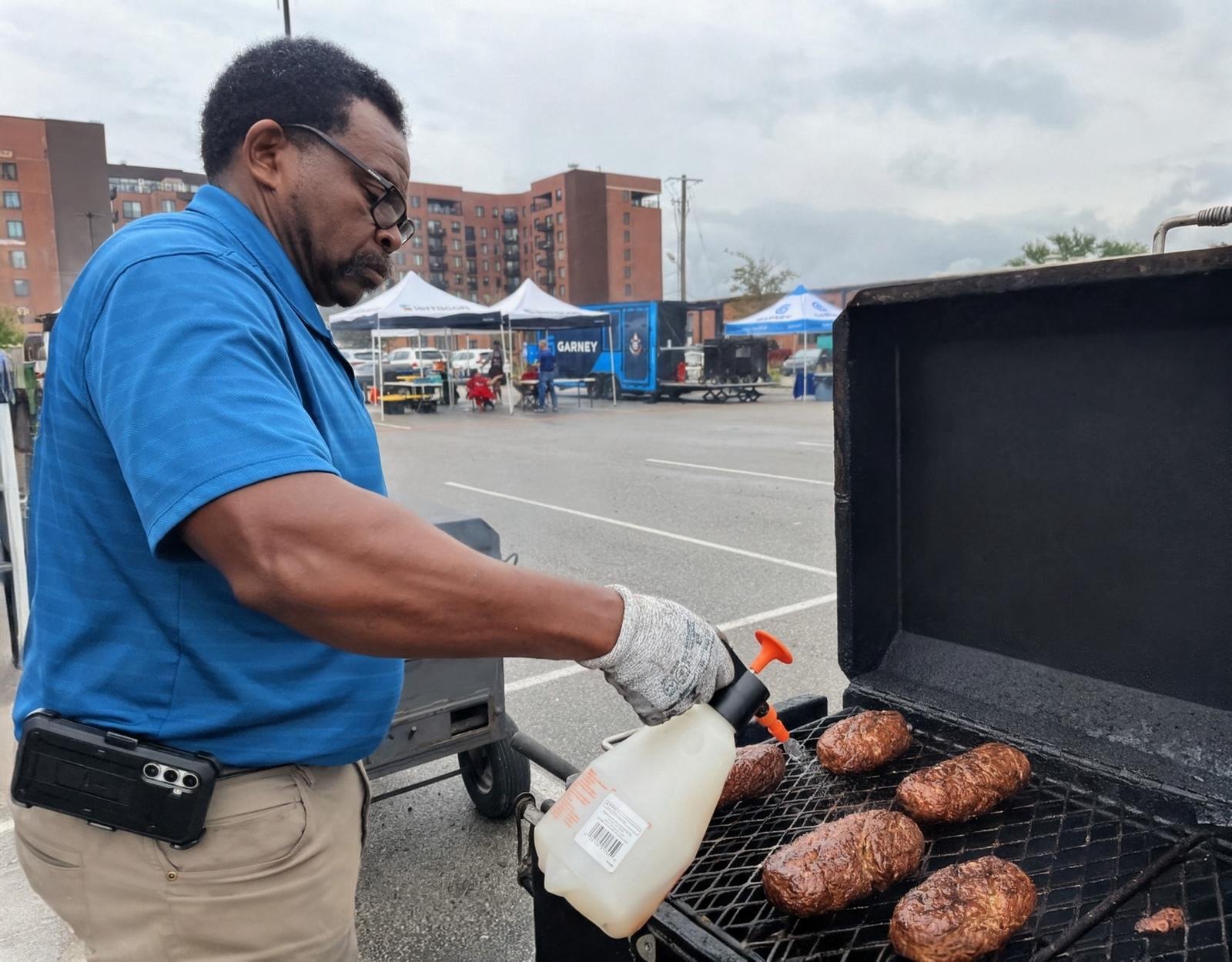 Volunteer cooking at an outdoor gathering